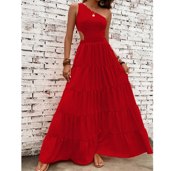 Vibrant One Shoulder Tie Back Stretchy Waist Maxi Dress - Picture 4 of 11